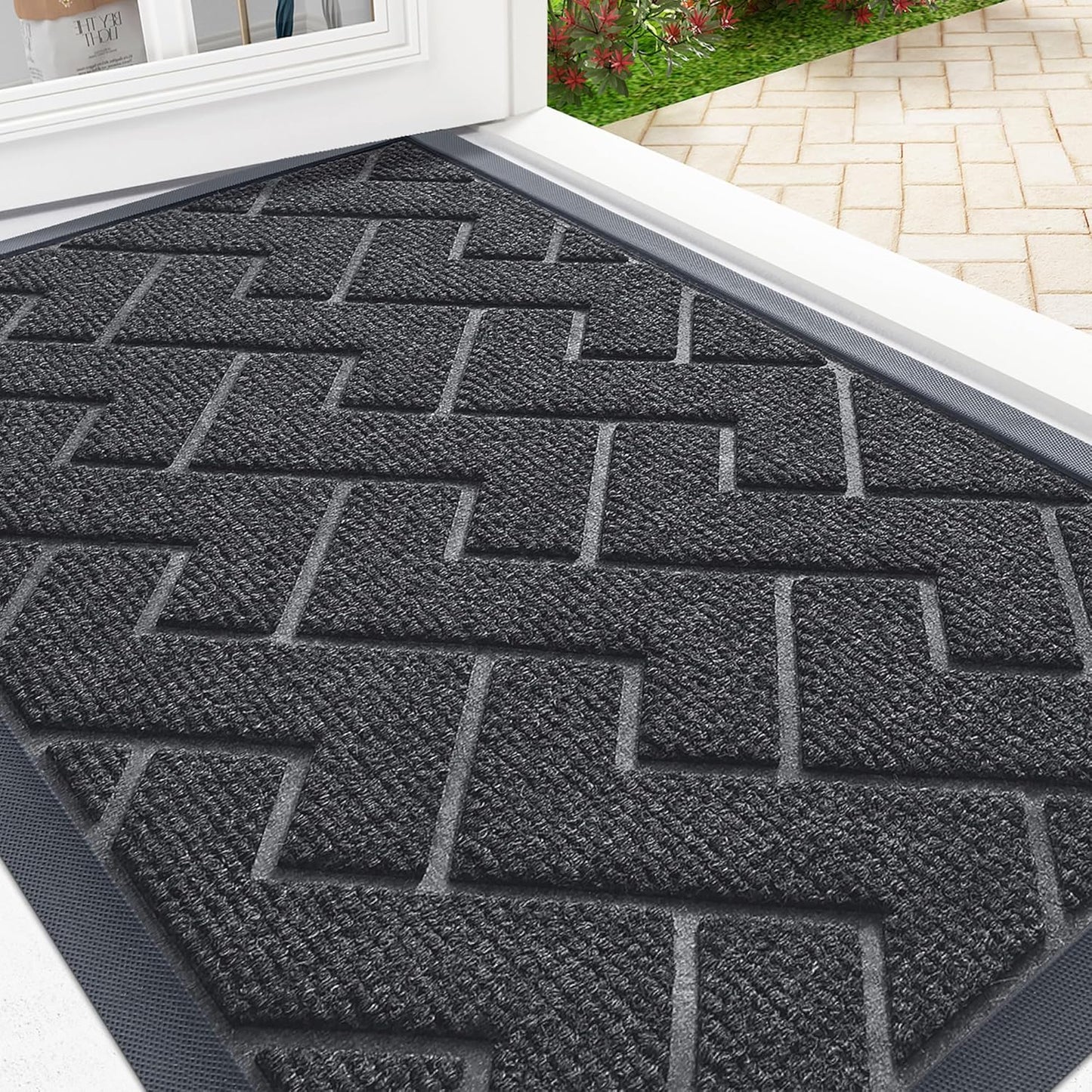 OLANLY Front Door Mat Indoor Outdoor Entrance, Waterproof All-Season, All-Weather Doormat, Sturdy Natural Rubber, Low Profile, Easy Clean Patio Porch Entryway Mat, Herringbone Brick (Grey, 59x35)