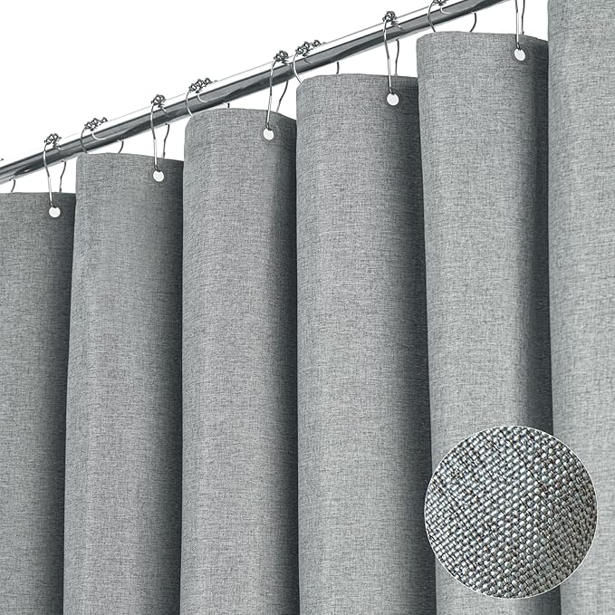 BTTN Stall Fabric Shower Curtain - 48x72 Inch Narrow Linen Textured Heavy Duty Shower Curtain Set with 8 Plastic Hooks, Hotel Spa Luxury Small Neutral Waterproof Bath Curtains for Bathroom - Gray/Grey