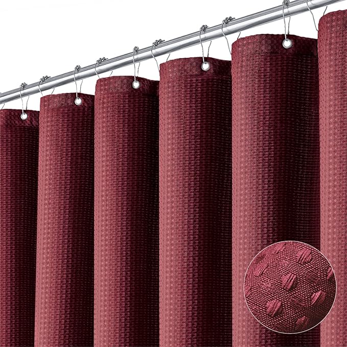 Dynamene Extra Wide Shower Curtain - 108 Inch Wide Waffle Weave Weighted Thick Cloth Bathroom Shower Curtain, Neutral Heavy Duty Hotel Bath Curtain Set with 18 Plastic Hooks, 108x72, Burgundy