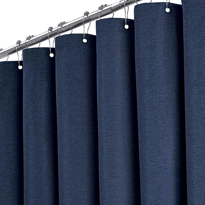 BTTN Long Fabric Shower Curtain - 72x80 Inch Linen Textured Heavy Duty Polyester Cloth Shower Curtain Set with 12 Plastic Hooks, Hotel Luxury Waterproof Modern Shower Curtains for Bathroom, Navy Blue