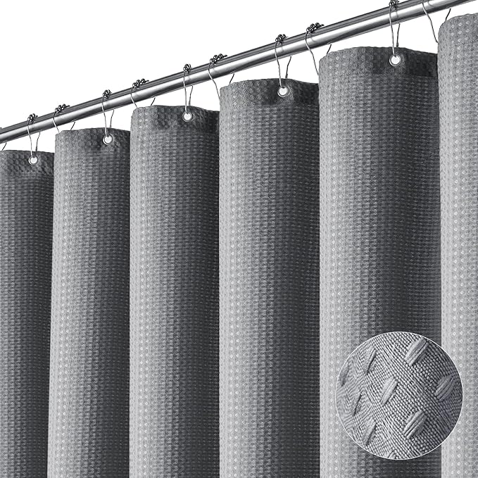 Dynamene Stall Fabric Shower Curtain - 54 inch Wide Waffle Weave Weighted Thick Cloth Shower Curtains for Bathroom, Heavy Duty Hotel Spa Luxury Bath Curtain Set with 10 Hooks, 54x72, Grey/Gray