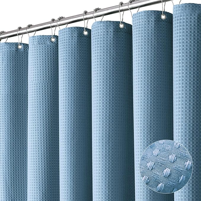Dynamene Extra Long Fabric Shower Curtain - Waffle Weave 90 Inches Long Heavy Duty Cloth Shower Curtains for Bathroom, 256GSM Tall Hotel Luxury Bath Curtain Set with 12 Plastic Hooks, Moonlight Blue