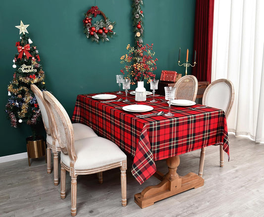 Classic Gingham Buffalo Xmas Tablecloth Fabric - Oblong 58x144 Inch Water Proof Checkered Table Cloth for Indoor Outdoor - Red Christmas Plaid Table Cover for Christmas, Holiday, New Year