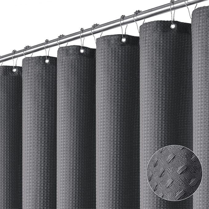 Dynamene Extra Long Fabric Shower Curtain - Waffle Weave 90 Inches Long Heavy Duty Cloth Shower Curtains for Bathroom, 256GSM Tall Hotel Luxury Bath Curtain Set with 12 Plastic Hooks, Charcoal Grey