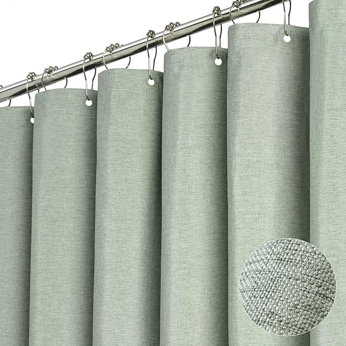 BTTN Fabric Shower Curtain, Linen Textured Heavy Duty Polyester Cloth Shower Curtain Set with Plastic Hooks, Sage Green, 72x96
