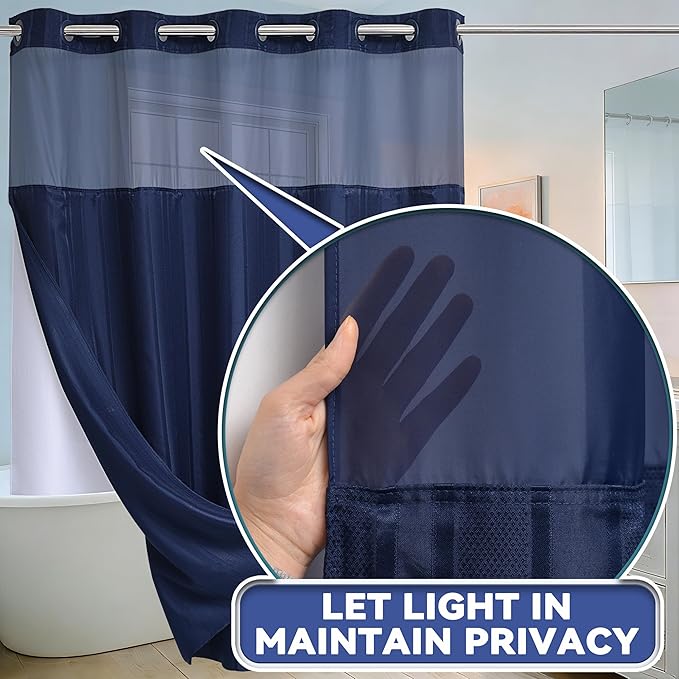 Conbo Mio Extra Long No Hook Waffle Weave Shower Curtain with Snap in Liner Set, Hotel Luxury Dark Blue Shower Curtains for Bathroom with See Through Top Window, Waterproof, Washable 71W x 84H Stripe