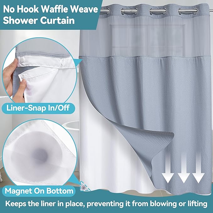 Conbo Mio No Hook Waffle Weave Shower Curtain with Snap in Liner Set, Hotel Luxury Grey Shower Curtains for Bathroom with See Through Top Window, Waterproof, Washable 71W x 74H